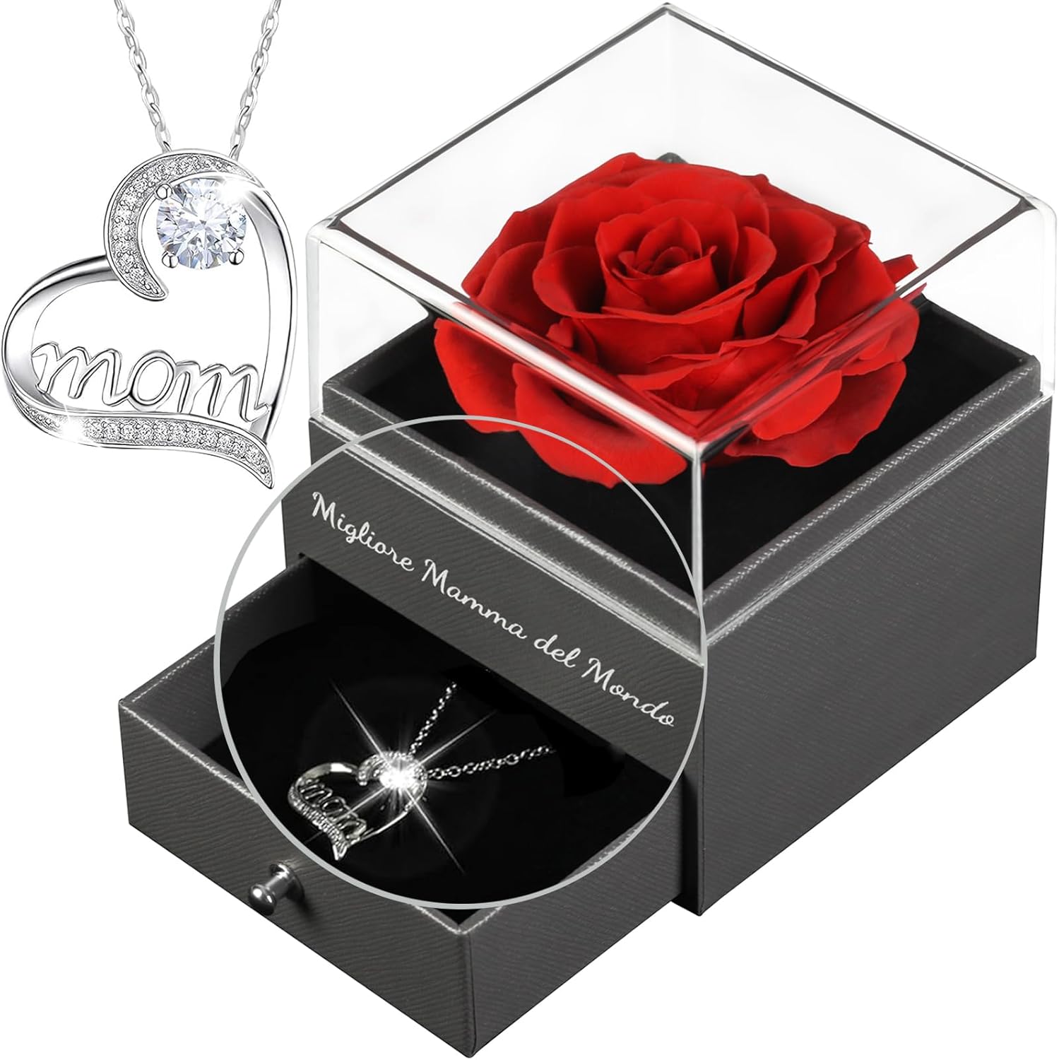 Festa della Mamma Idee Regalo, Rosa Eterna con Collana Argento 925 Regalo Mamma, Migliore Mamma del Mondo Regali per Mamma,Rosa Stabilizzata Vera Regalo Mamma Compleanno,Natale,Rossa