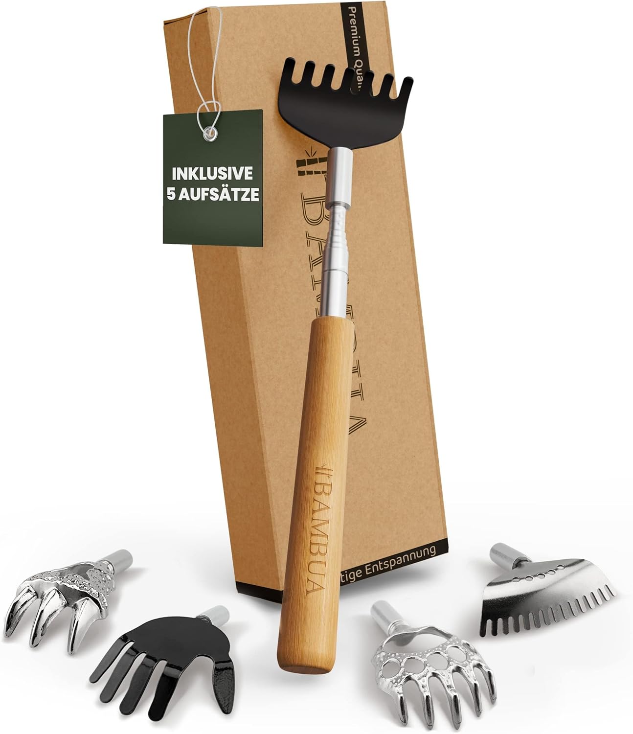 Extendable Back Scratcher - [Includes 5 Attachments] Bamboo Handle - For Soothing Scratching Feelings - Effortlessly Reach Any Place - Premium Stainless Steel Back Scratcher Set - Ideal as a