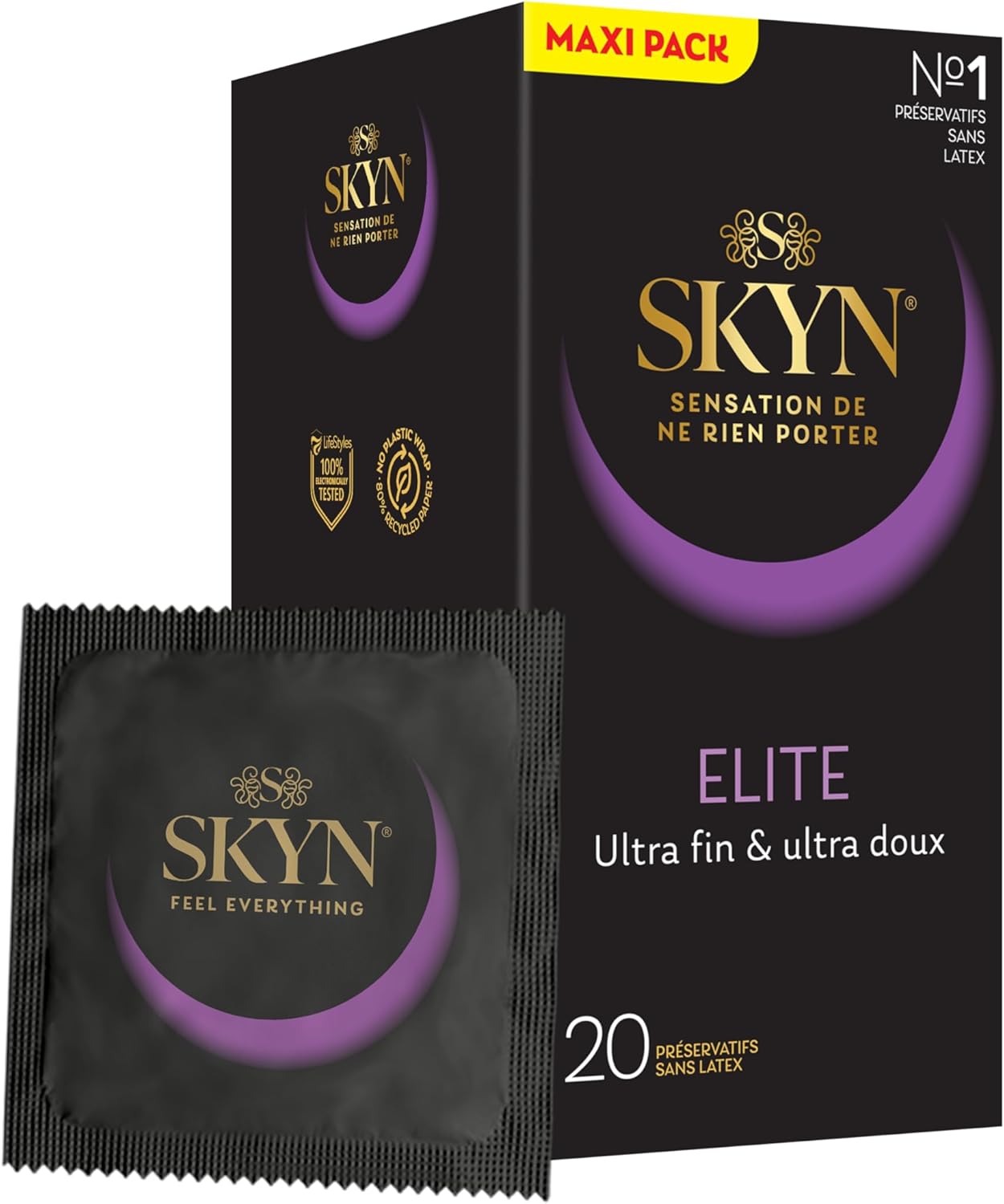 Skyn Elite : Lot de 20 Préservatifs sans latex Skynfeel pour Homme / Taille Régulière, Ultra-Fins et Doux, Forme Droite et Lisse / Largeur nominale 53mm
