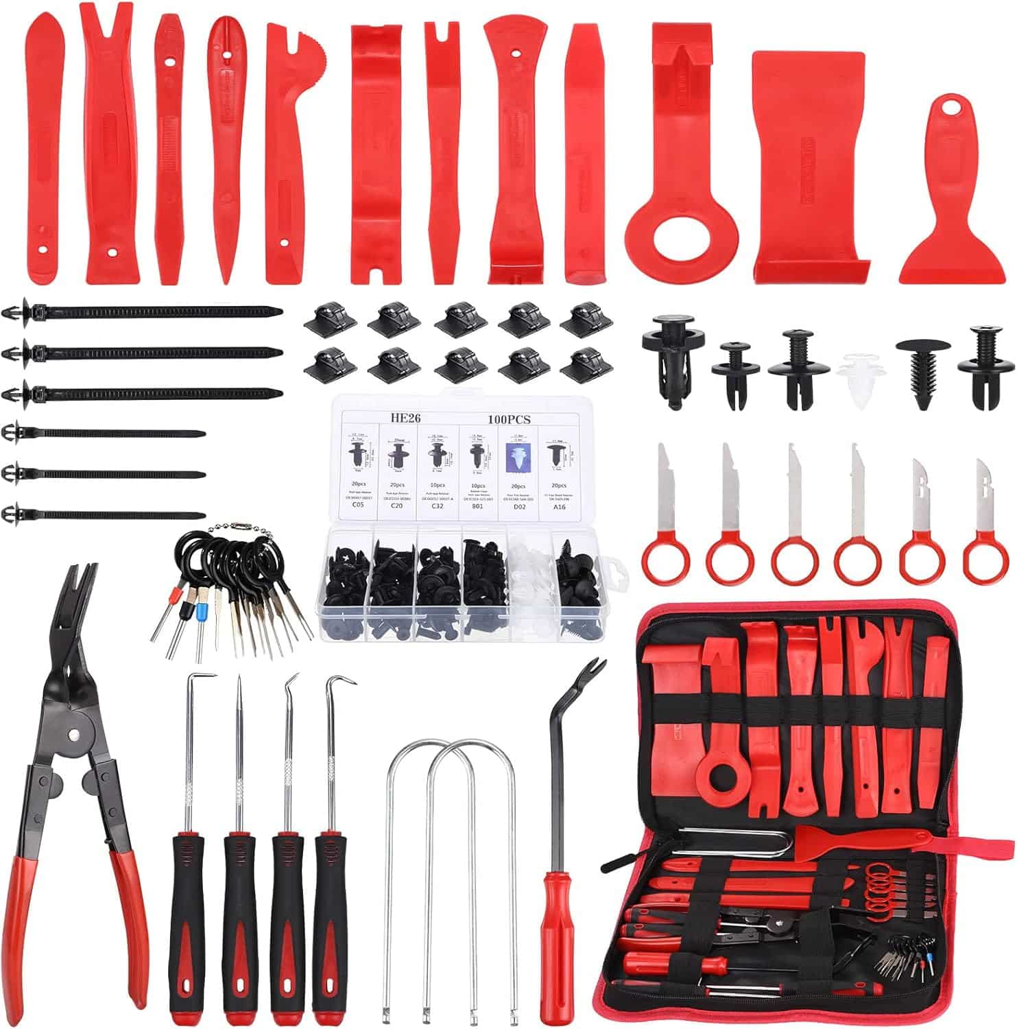 UNIDEAL 158 Piezas Herramientas Kit Desmontar Coche, Herramienta de extracción de paneles, Coche Interior Herramientas de Eliminación con Clips Retenedores de Coche y Tira de Cables (Rojo)