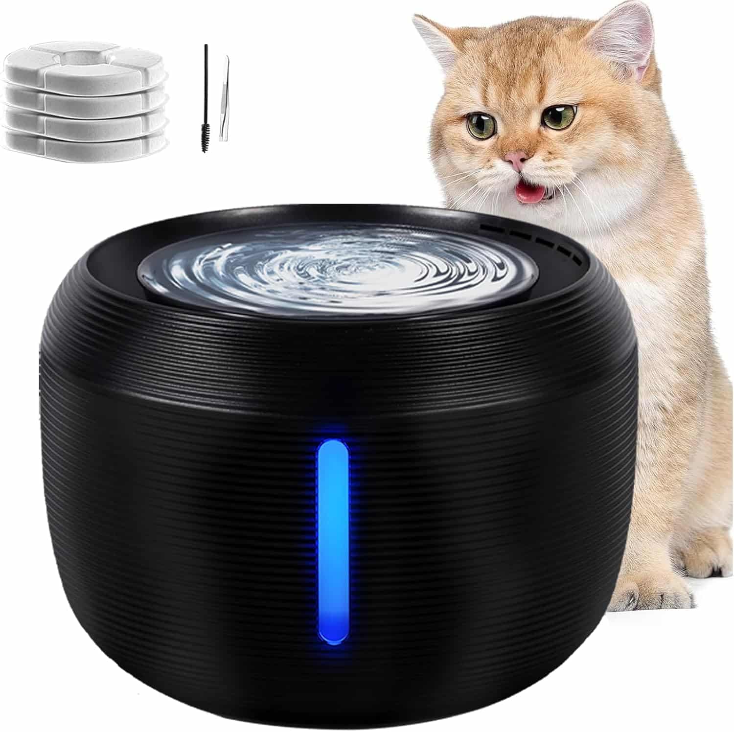 Cat Fountain, BPA-Free 2.5 L Cat Drinking Fountain, Ultralight Cat Drinking Fountain, LED Light Drinking Fountain, Cat Fountain, with Activated Carbon Filter and Intelligent Pump (Black)