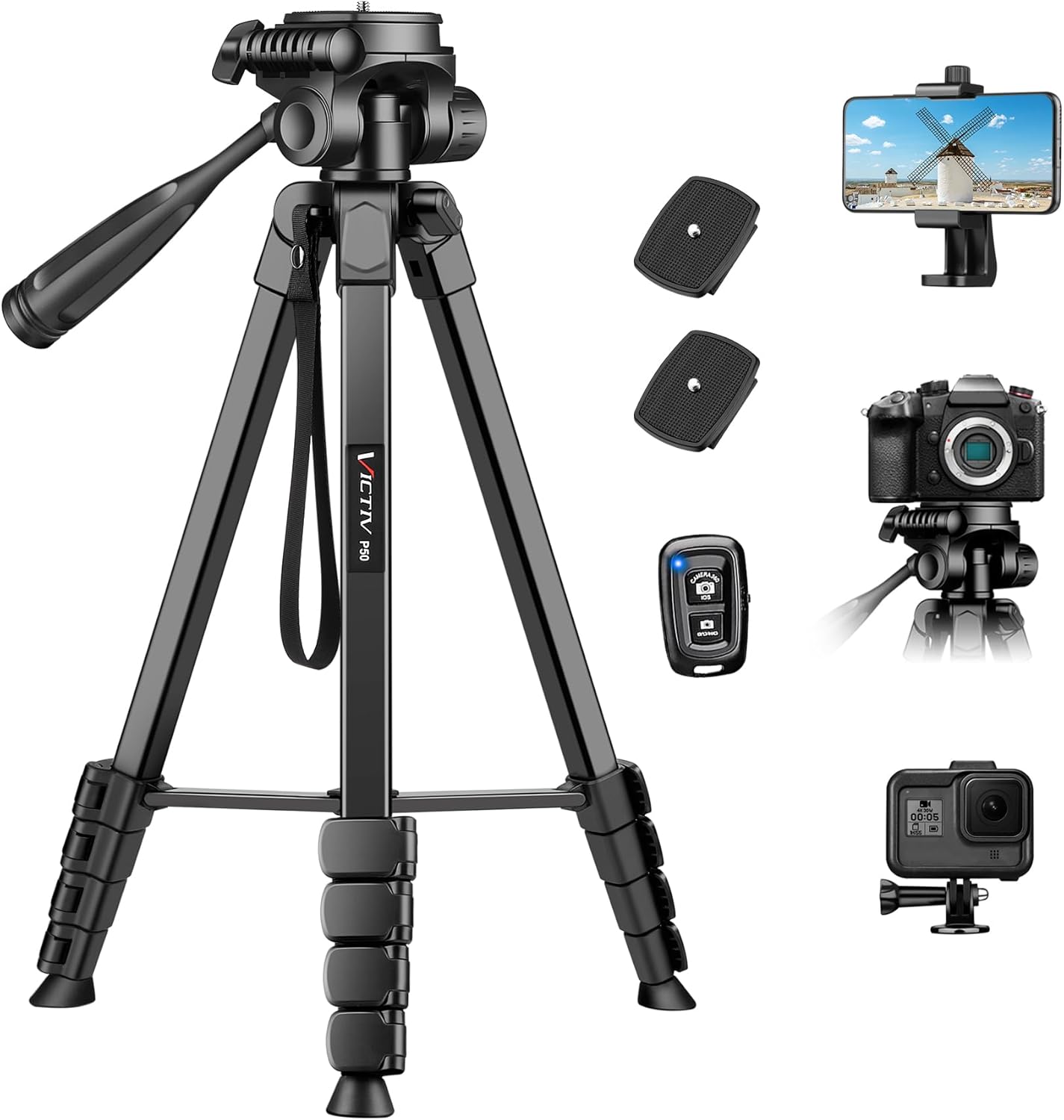 Victiv Camerastatief, 172 cm, camerastatief van aluminium, draagbaar, verbeterd smartphonestatief voor iPhone, Samsung, fotostatief met afneembare 3-weg kop, voor Canon, Nikon, Sony, DSLR
