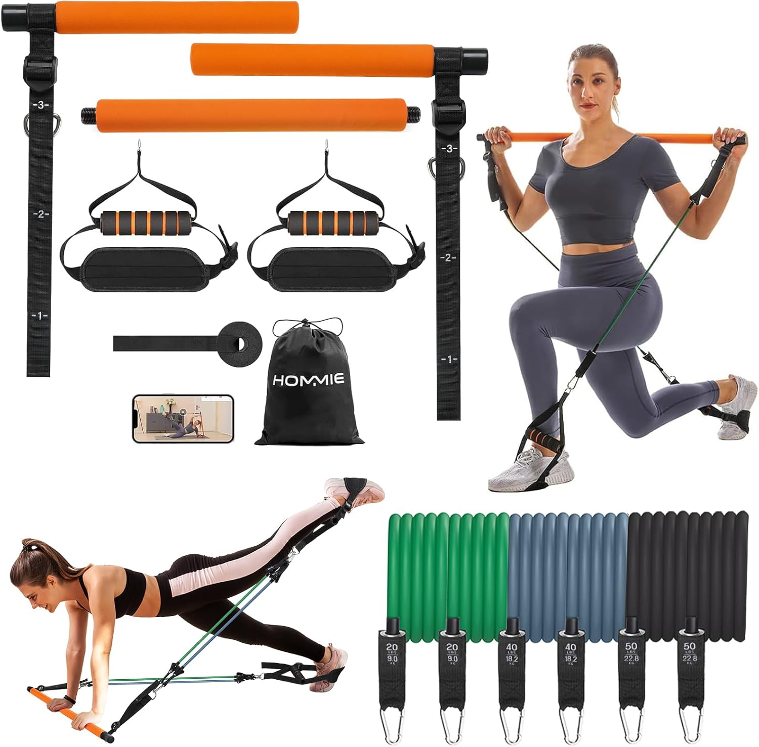 Kit de Barra de Pilates Hommie, Set Mejorado de Valor en Libras con 6 Bandas de Resistencia (20+40+50 lbs), Barra de Resistencia Portátil y Desmontable para Entrenamiento de Cuerpo Completo en Casa