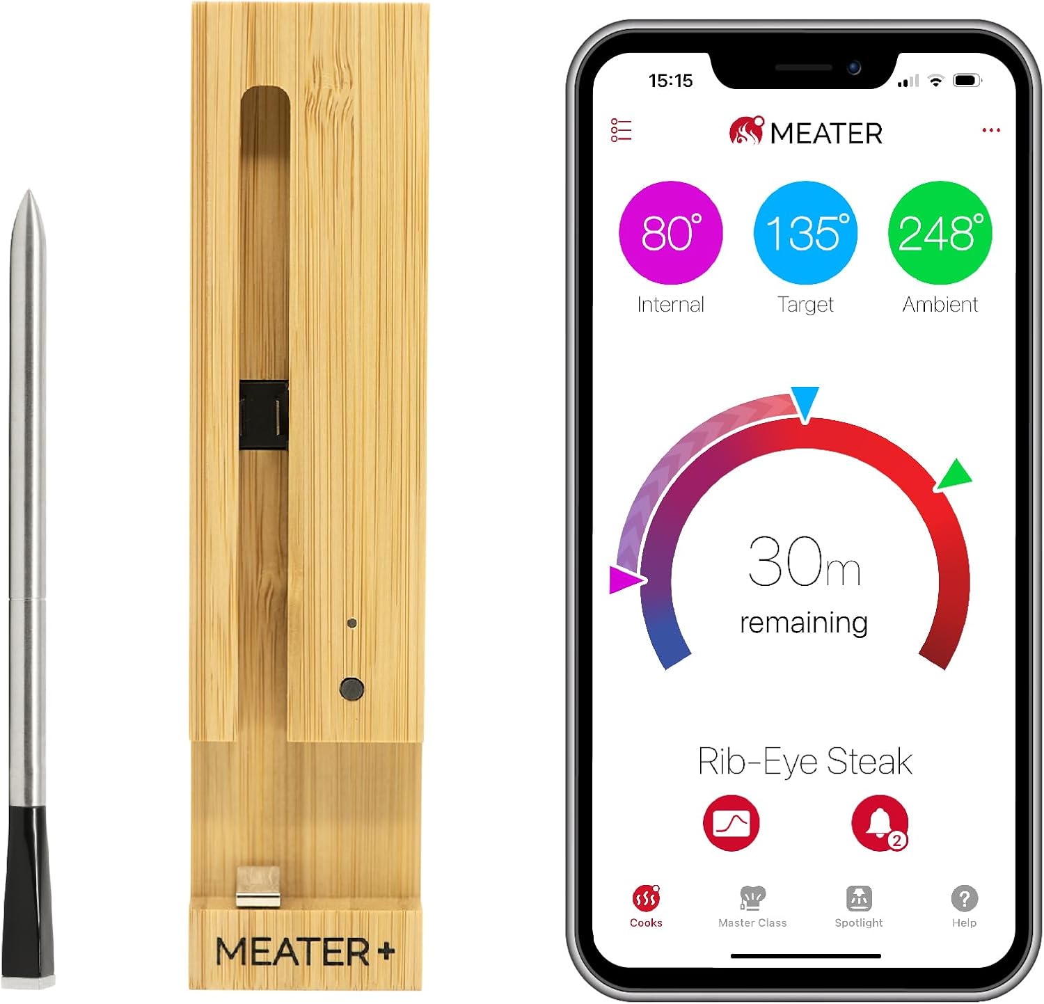 MEATER Plus | El termómetro inteligente inalámbrico para carne con alcance de 50 m para horno, parrilla, sartén y asador perfecto para disfrutar de la carne a través de la aplicación en alemán
