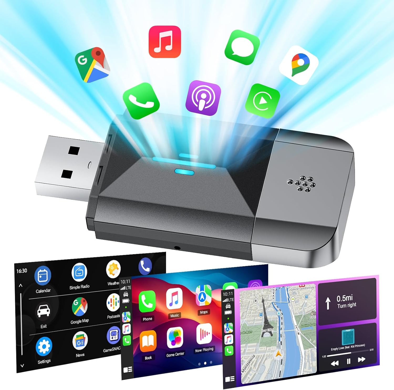 LAMTTO CarPlay Draadloze adapter, upgrade 2-in-1 Carplay & Android Auto van bekabelde naar draadloze adapter, plug & play, mini & stabiel type-C/USB, iOS 10+ & Android 11+, 5,8 GHz wifi
