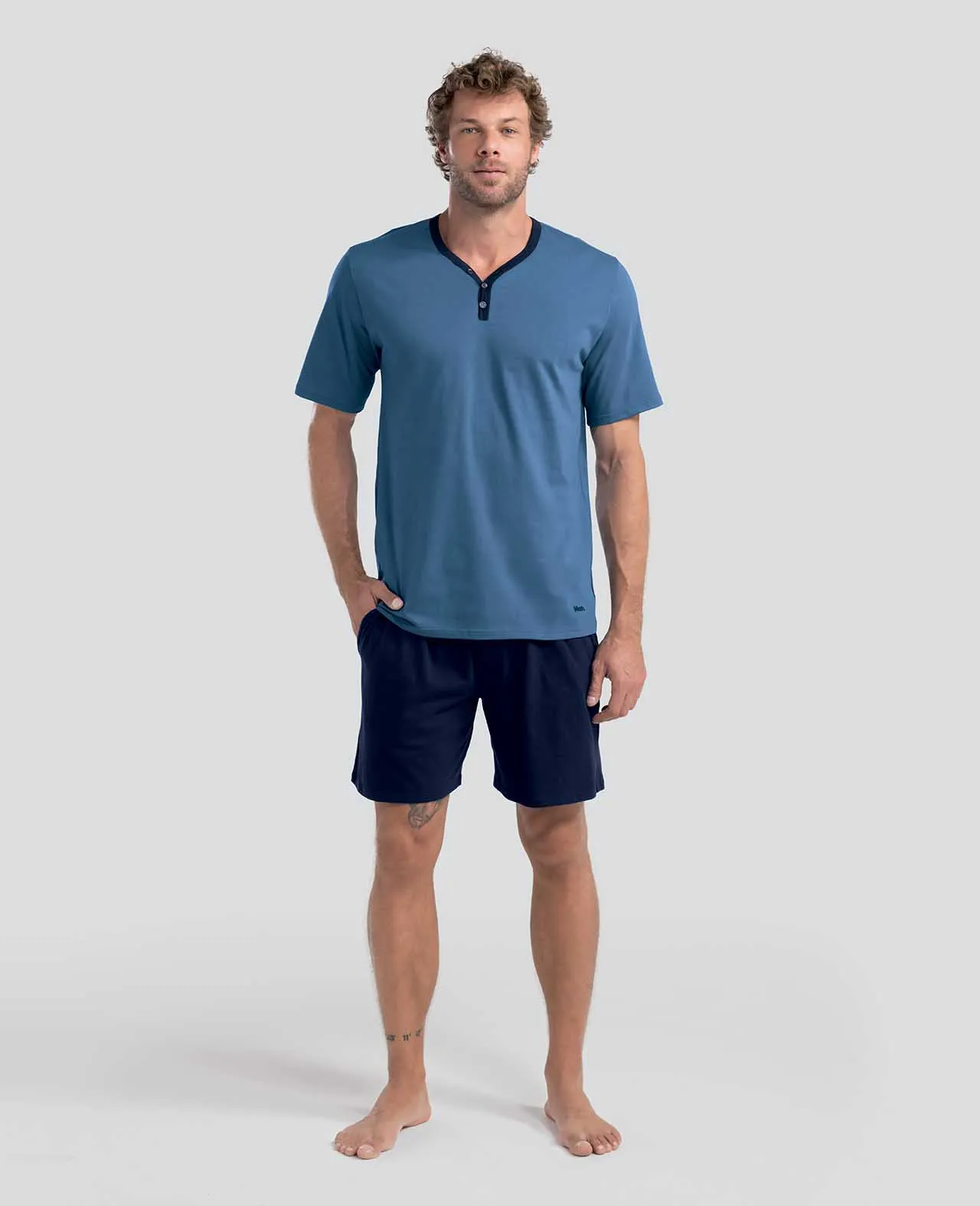 Pijama Curto Algodão Gola Y Azul Jeans Escuro