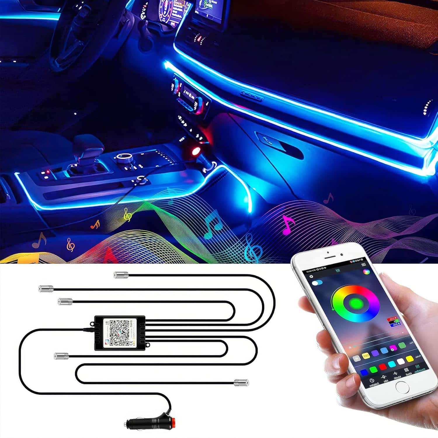 LED interiörbelysning för bil, 6 m LED, bi- LED remsa, RGB ränder, ljus, neonljus-lister, omgivningsbelysning, interiörbelysning, ljuslist med app.