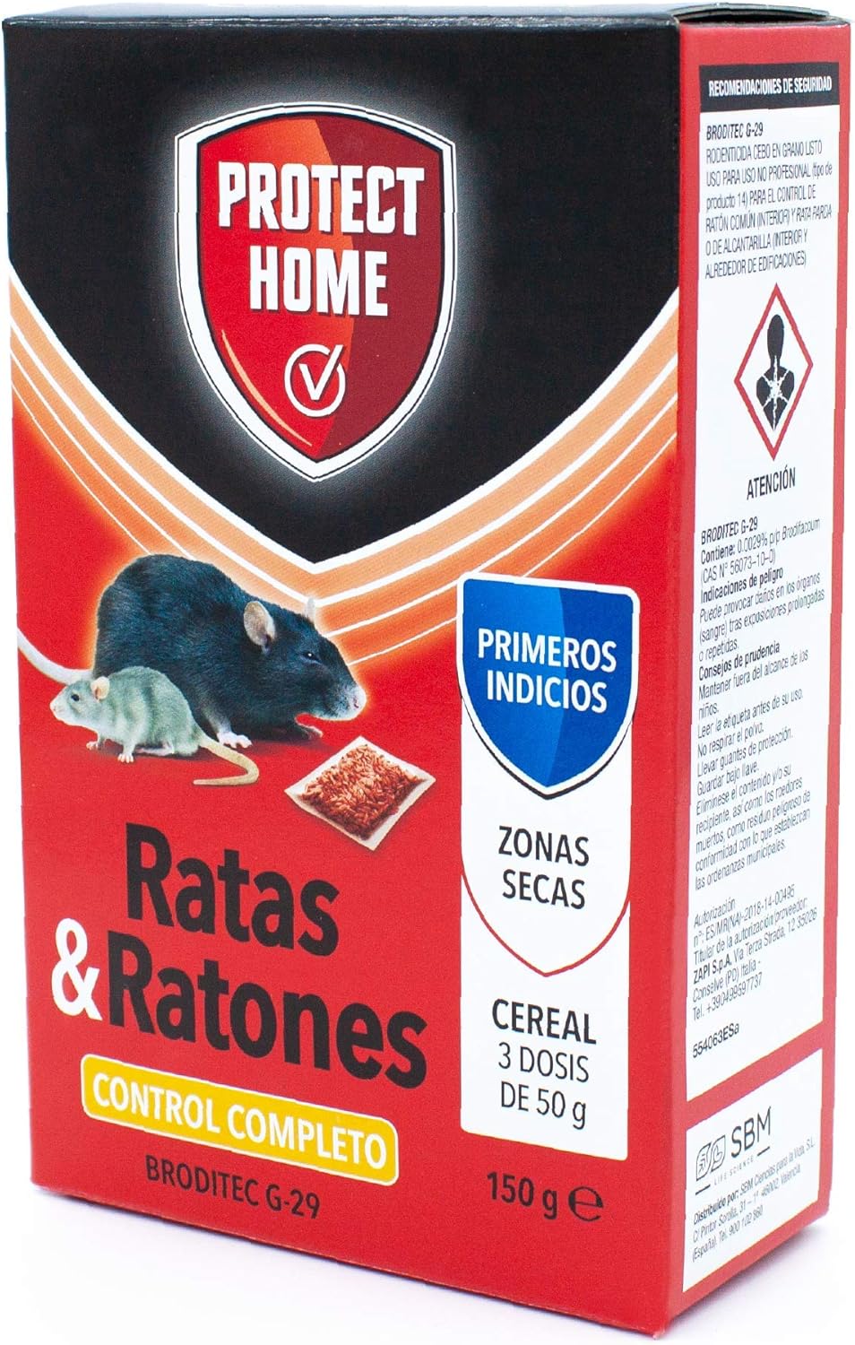 PROTECT HOME Raticida en Cereal de Alta eficacia y Poder de atracción para Zonas secas. Ratas y Ratones, 150gr, Rojo, 150 G