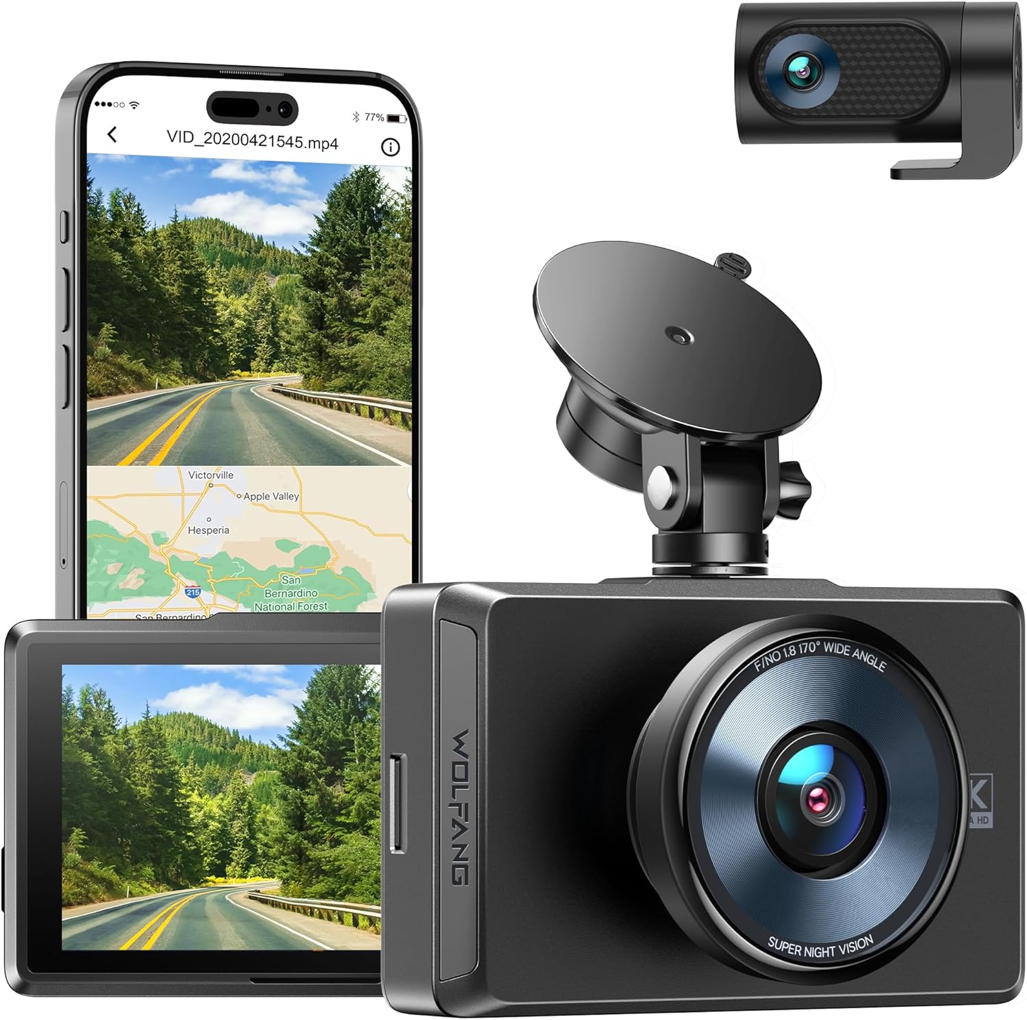 WOLFANG 4K Dual Dash Cam, Ingebouwde WiFi GPS Voor 4K/1080P en Achter 1080P Dual Dash Camera voor auto's,3" Display, 170° Groothoek Dashboard Camera Recorder met Sony Sensor, Ondersteuning 256GB Max