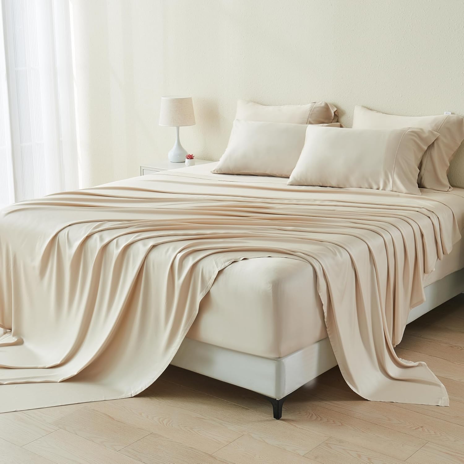 GOKOTTA King Size Bed Sheets 6 Piece Set, Ultra Soft Sheets, Cooling for Hot Sleepers - Hotel Luxury Silky Breathable Sheets, Deep Pocket Up to 16" - 100% Rayon Derived from Bamboo (Light Beige)