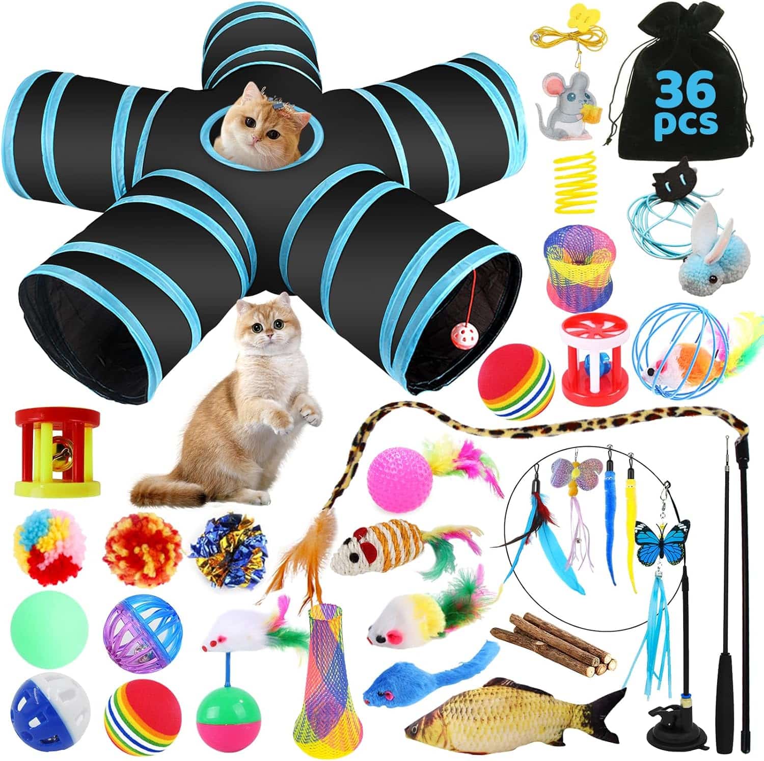 Set di Giocattoli per Gatti,36 Pezzi Giochi per Gatti,Gioco Gatto da Interno Set,Gatto Giocattoli Interattivi con Tunnel,Bacchetta di Piume, Pesci, Palline e Campane