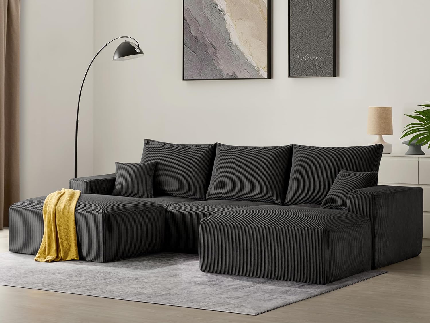 Sectional Cloud Boneless Sofa Couches for Living Room-113'' Black 3 Seater U-Shaped Modern Lounge Couch-No Assembly Modular Corduroy Convertible Sponge Sleeper Sofas with Chaise for Home House