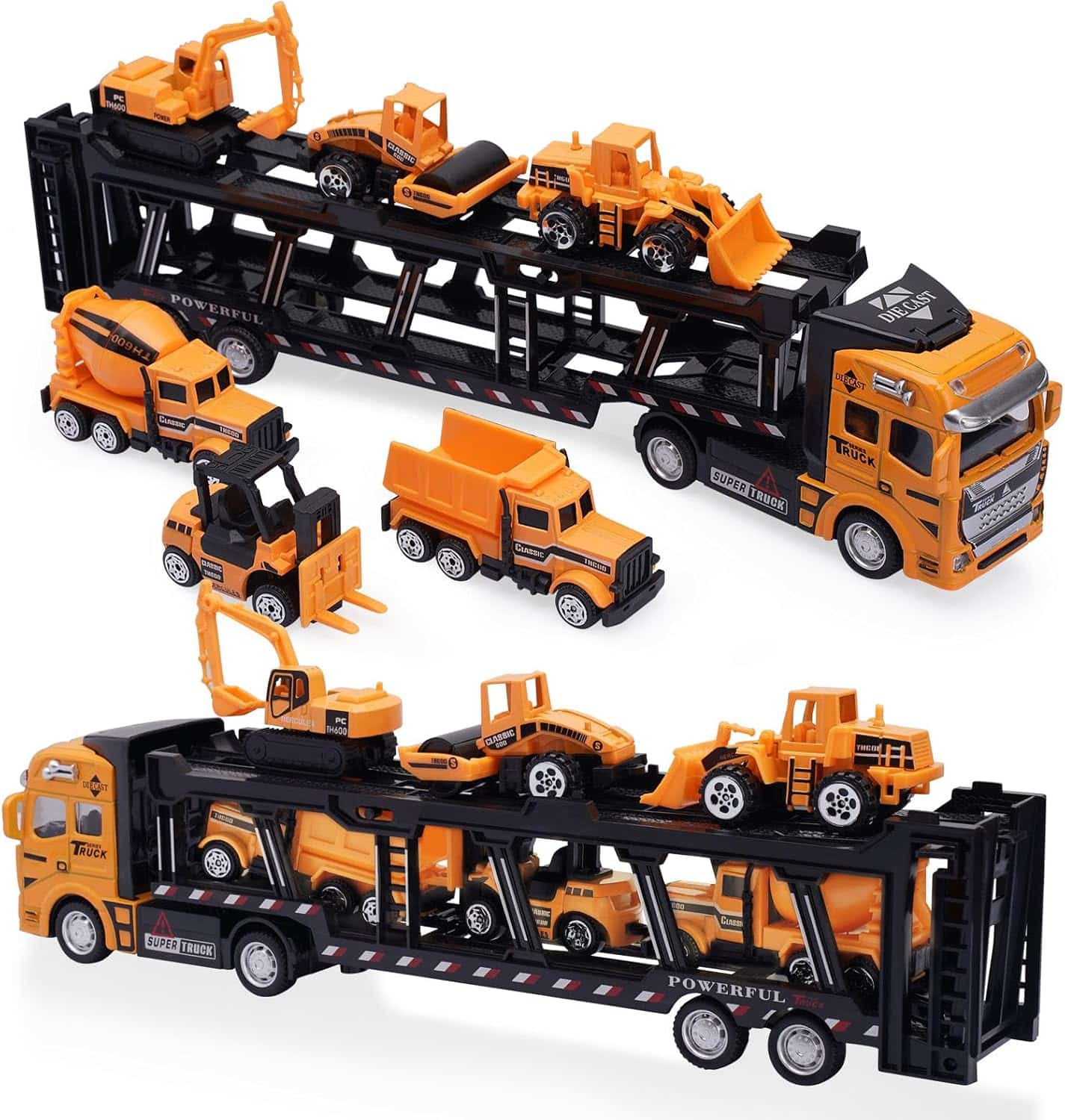 Auto Trasportatore Giocattolo 7 Pezzi Set, Mini Cantiere Veicoli Camion Giocattolo, Diecast Tirare Indietro Auto Giocattolo in Metallo per Escavatore Giocattolo per Bambini da 3 Anni in Su