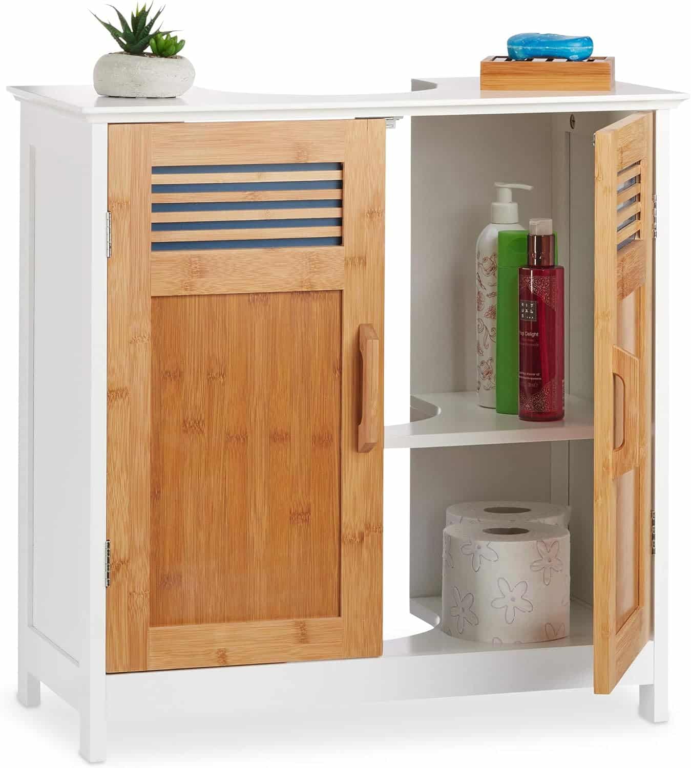 Relaxdays Mobile Bagno Legno, Ante bambù, Fondo Regolabile, Incavo Sifone, Sottolavabo, Hlp: 60 X 60 X 30 Cm, Naturale/Bianco 60x60x30cm, Pannelli MDF