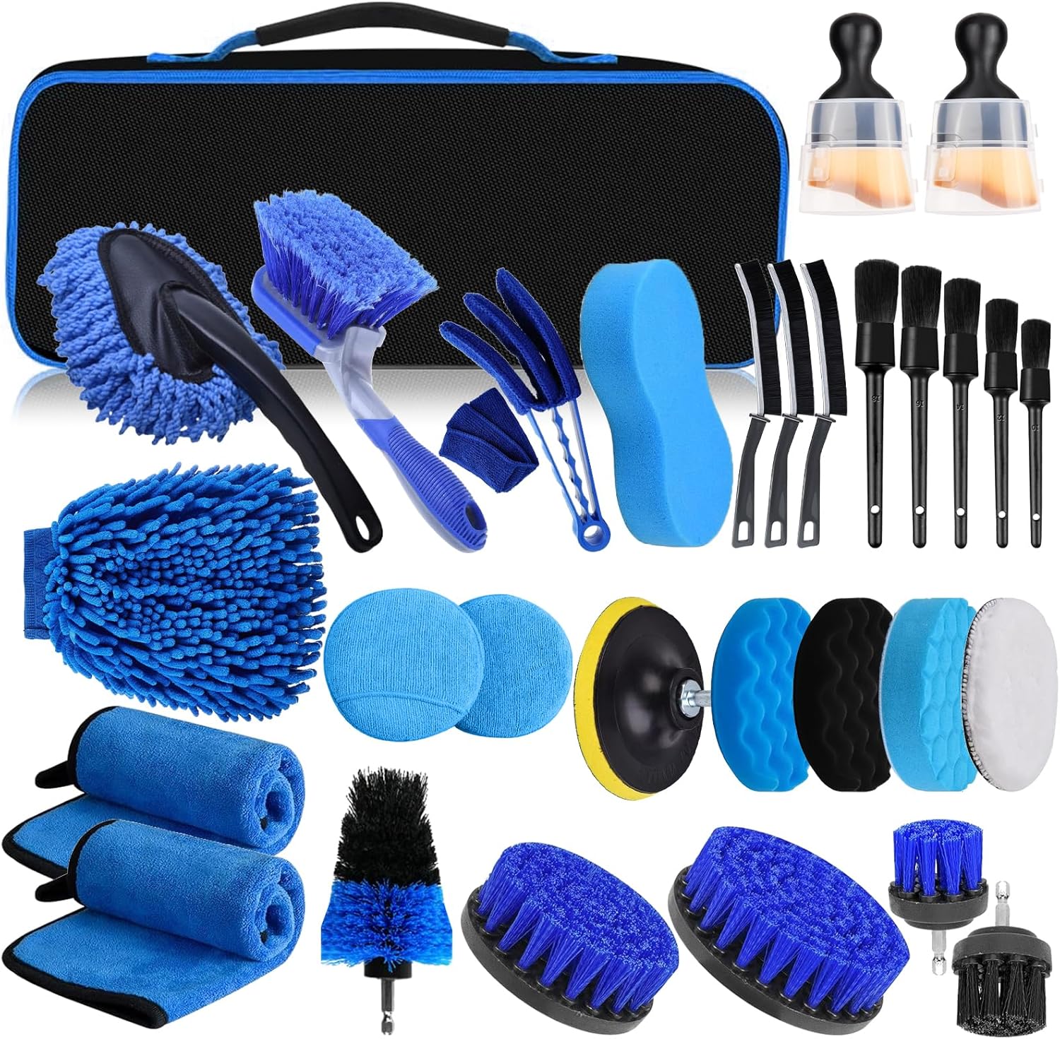 YSWOVUO Kit Limpieza Coche, 31 Piezas Cepillo Limpieza Coche, Kit Limpieza Coche Interior para Interior Y Exterior, Cepillo para Taladro Limpieza con Cepillos, Esponjas para Pulir, Bolsa de Transporte