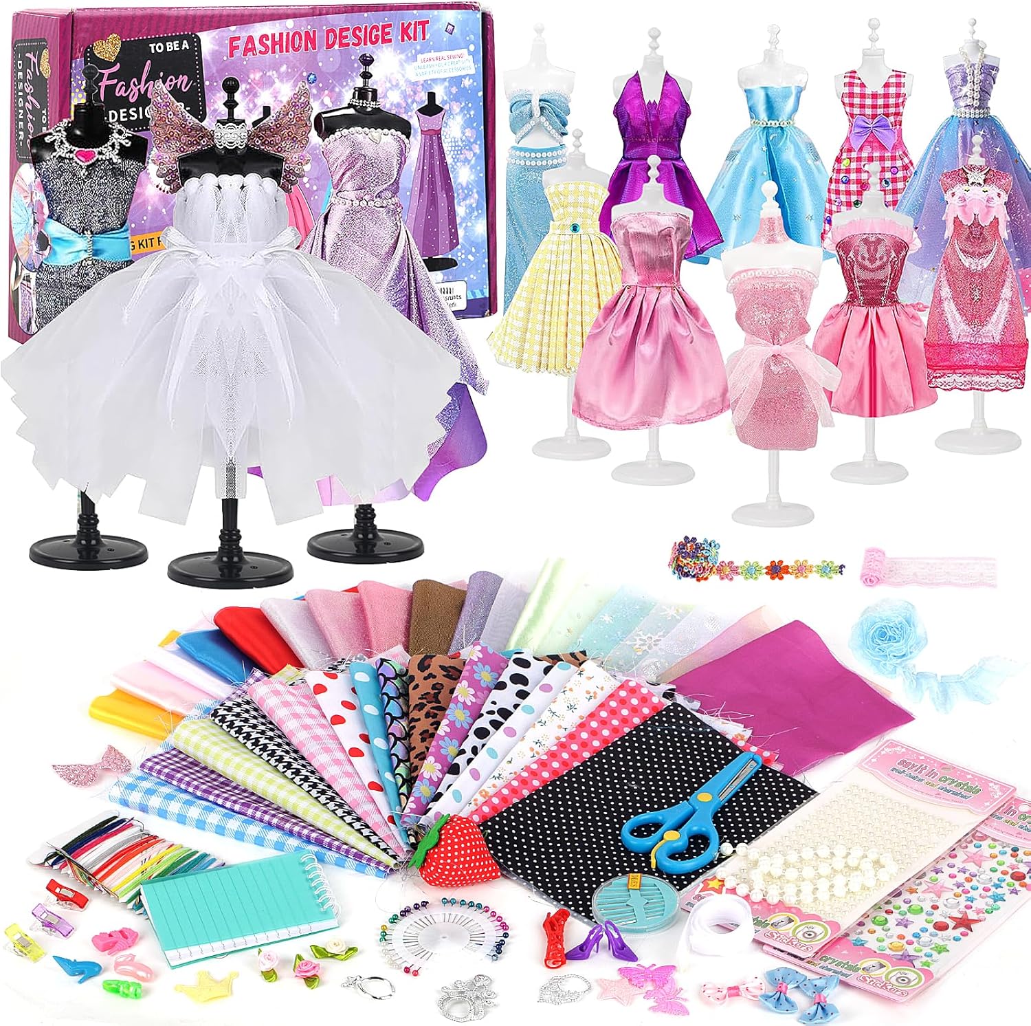 YOCOLE 1000+ Fashion Design Kit, mode ontwerpen voor kinderen, creatieve vrijetijdsbesteding, handwerk, inclusief 5 paspoppen, accessoires, schetsboek, voor kinderen van 6/7/8/9/10/11/12 jaar