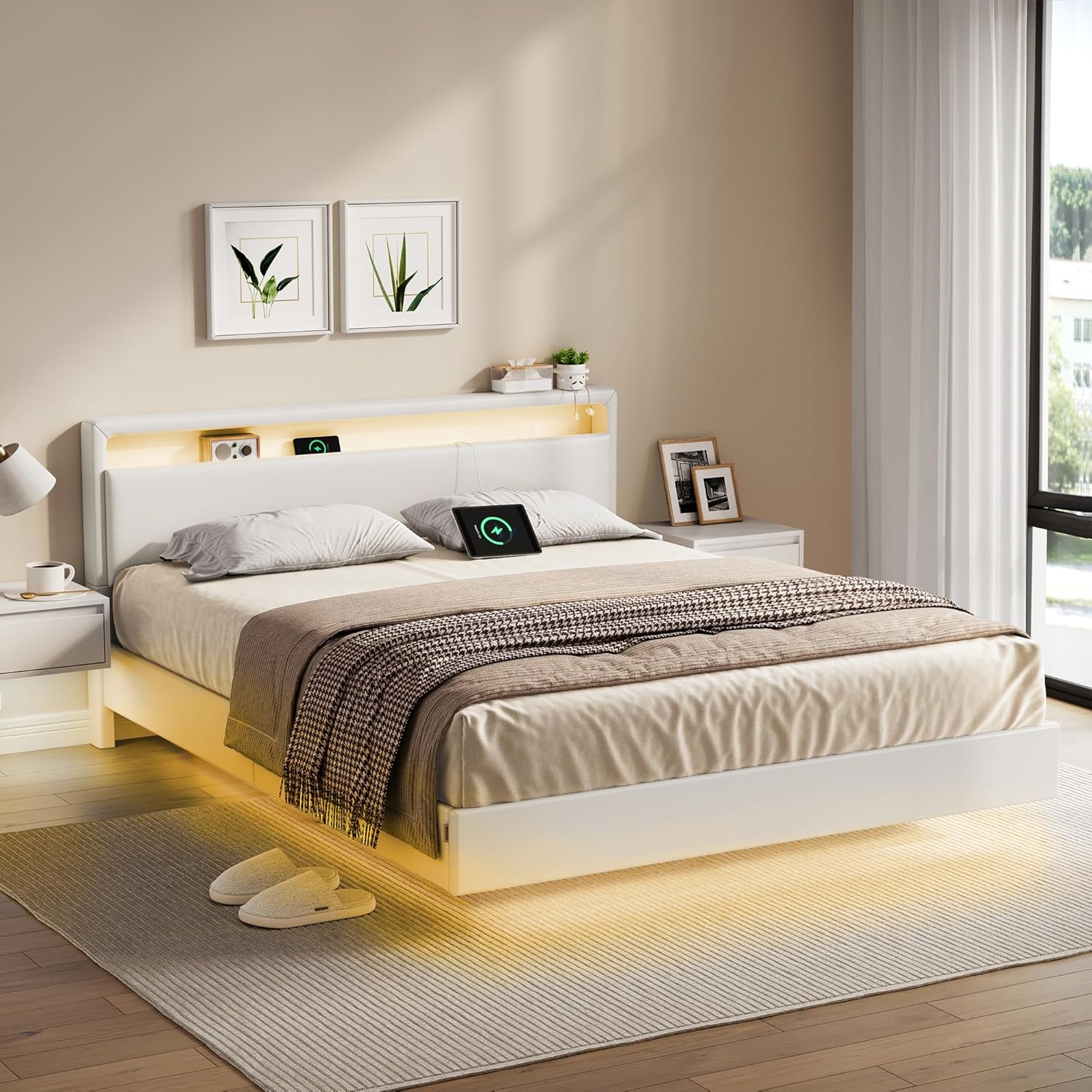 VASAGLE tweepersoonsbedframe 160x200cm zwevend bed met visueel effect en LED-verlichting hoog hoofdeinde laadstation modern wolkwit RMB865W01