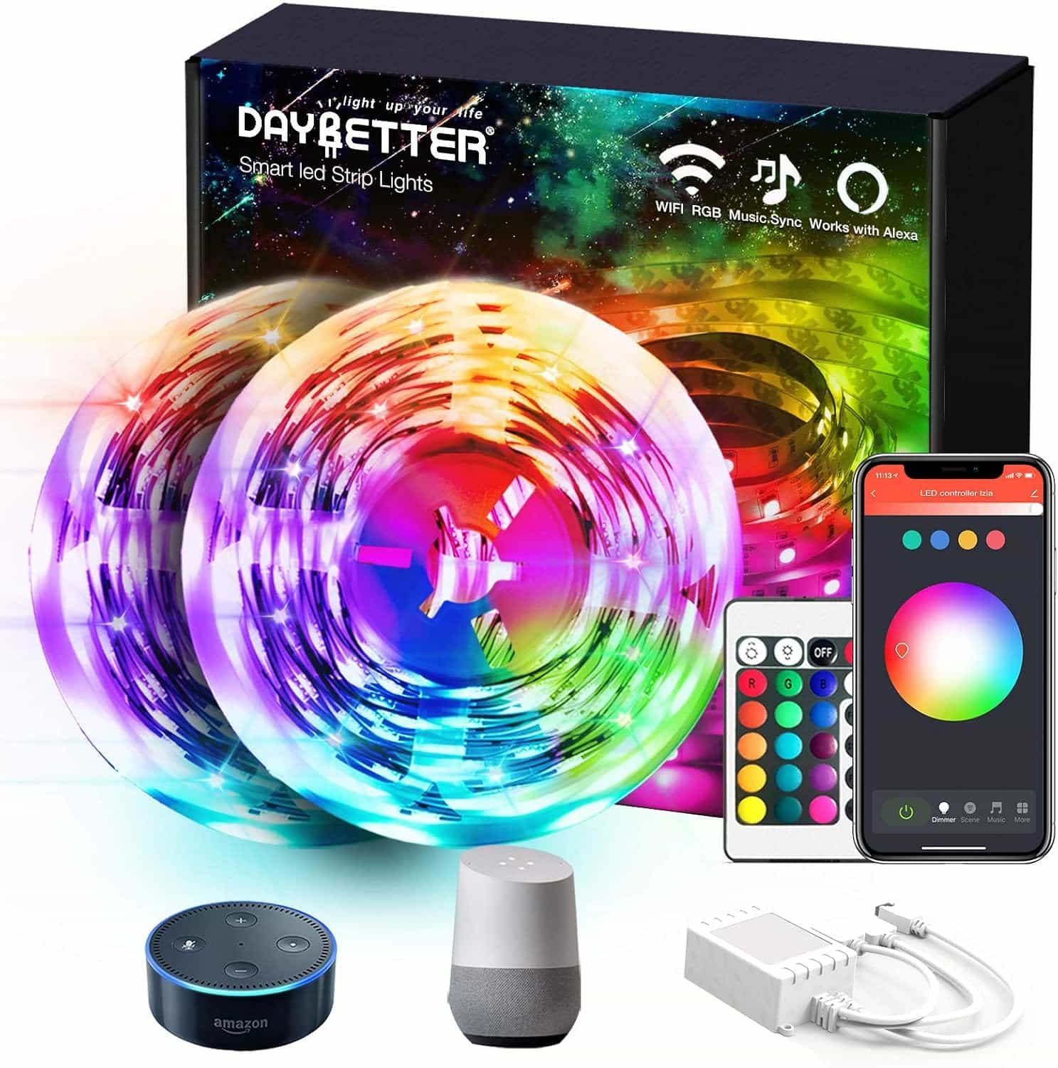 DAYBETTER LED-remsa, RGB, 15 m, intelligent, wifi, 12 V, Alexa och Google Assistant-kompatibel, musiksynkronisering, APP-kontroll, fjärrkontroll, färgförändrande remsa för fest, sovrum och kök (2 x
