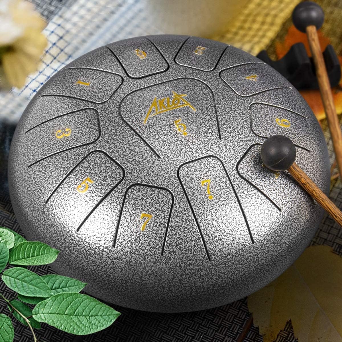 Aklot Steel Tongue Drum, 25.4 cm,11 Notes Tank Drum, C Key, with Beater Note Sticker, Finger Picks Mallet Bracket and Bag