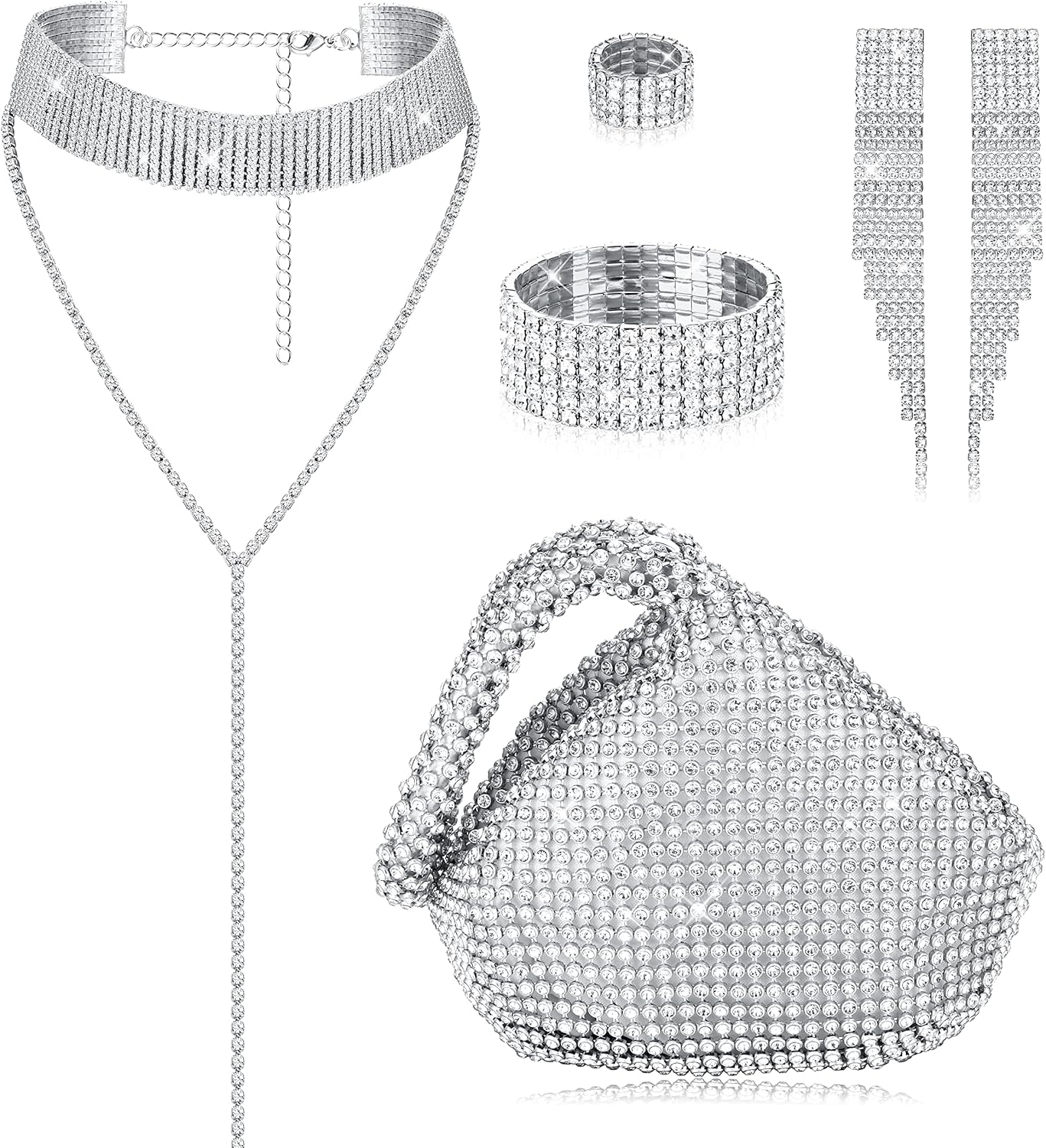 Sanfenly 6 Pieces Women Crystal Jewelry Set Rhinestone Choker Necklace Stretch Bangle Bracelet Ring Dangle Fringe Earrings Triangle Glitter Bling Purse for Bridal Wedding Party