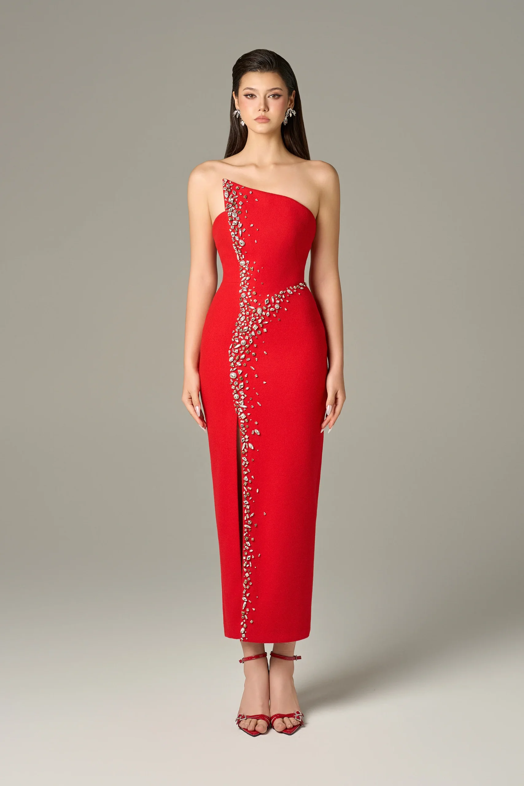 Bead Embellished Red Maxi Dress