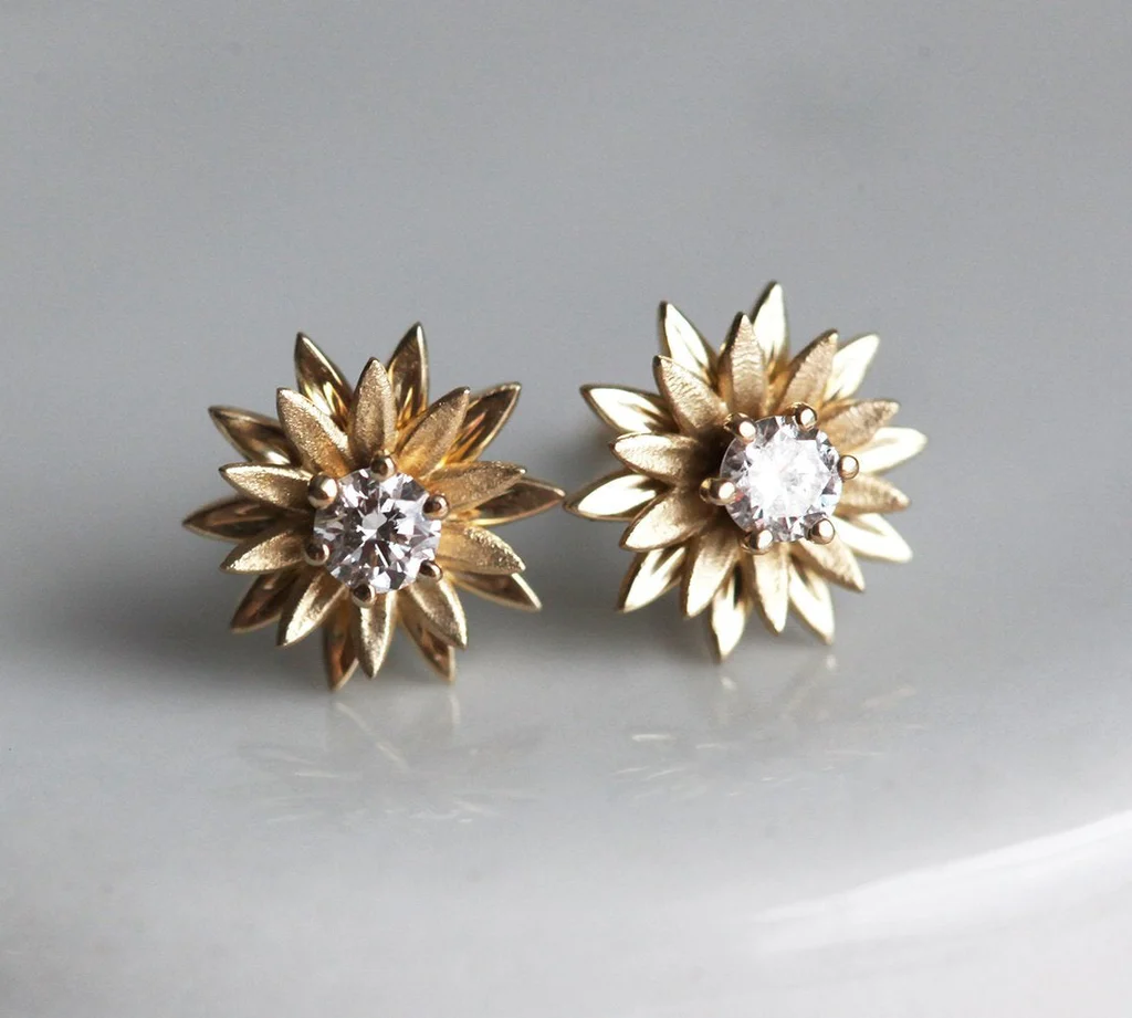 Sunflower Gold & Diamond Stud Earrings