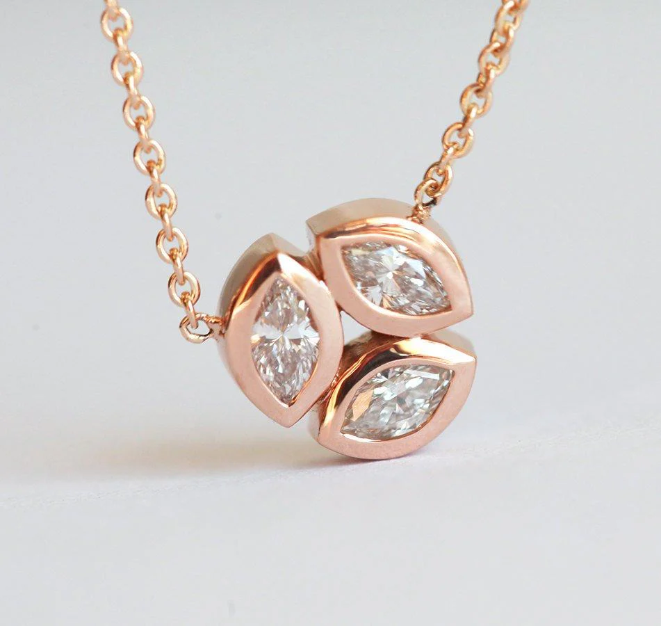 Unique Solid Gold Necklace With 3 Marquise Diamonds
