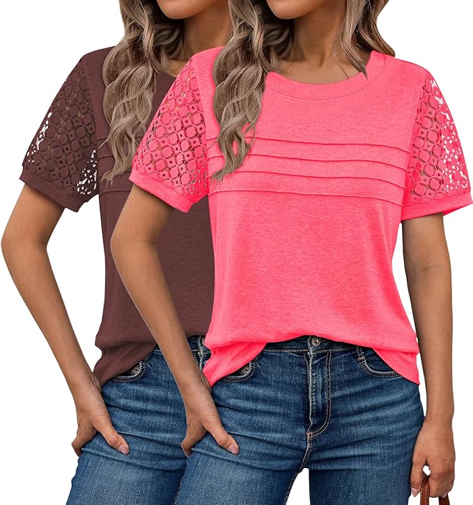 2PCS Womens Tops Summer Loose Casual Crewneck Lace Sleeve T Shirts Beach Vacation Clothes