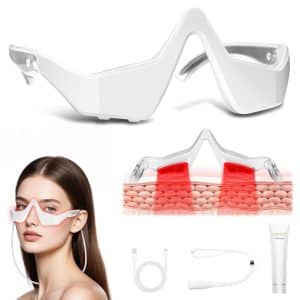 Under Eye Light Therapy Device Beauty Device with Eye Massage for Relieve Eye Bags Eye Fatigue Dark Circles with Gel and Glasses Strap White