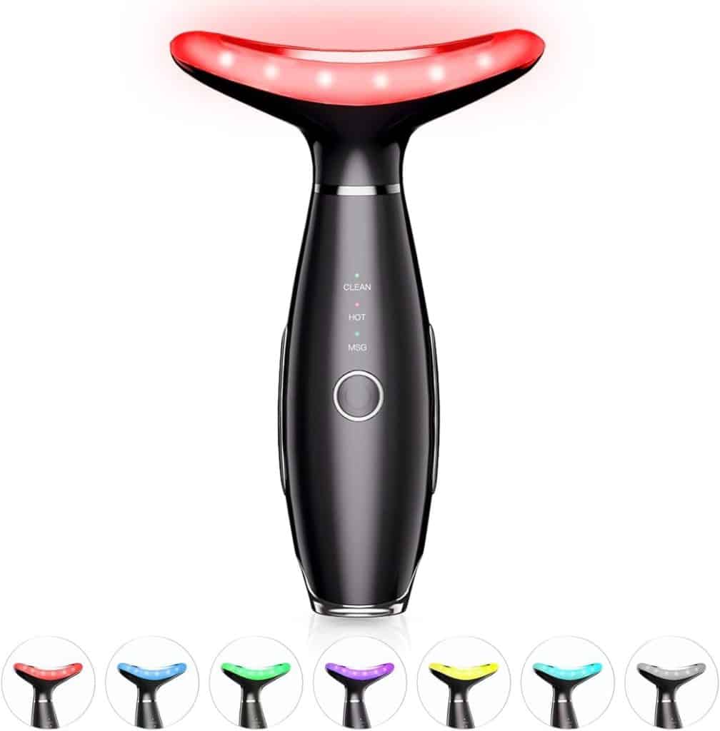 Face Massager -7 Color Red-Light-Therapy for Face and Neck for Wrinkles, Double Chin, Vibrating Facial Massager with Thermals (Black)