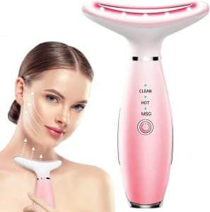 Face Massager 7 Color Red Light Therapy for Face and Neck for Wrinkles Double Chin Vibrating Facial Massager with Thermals Pink