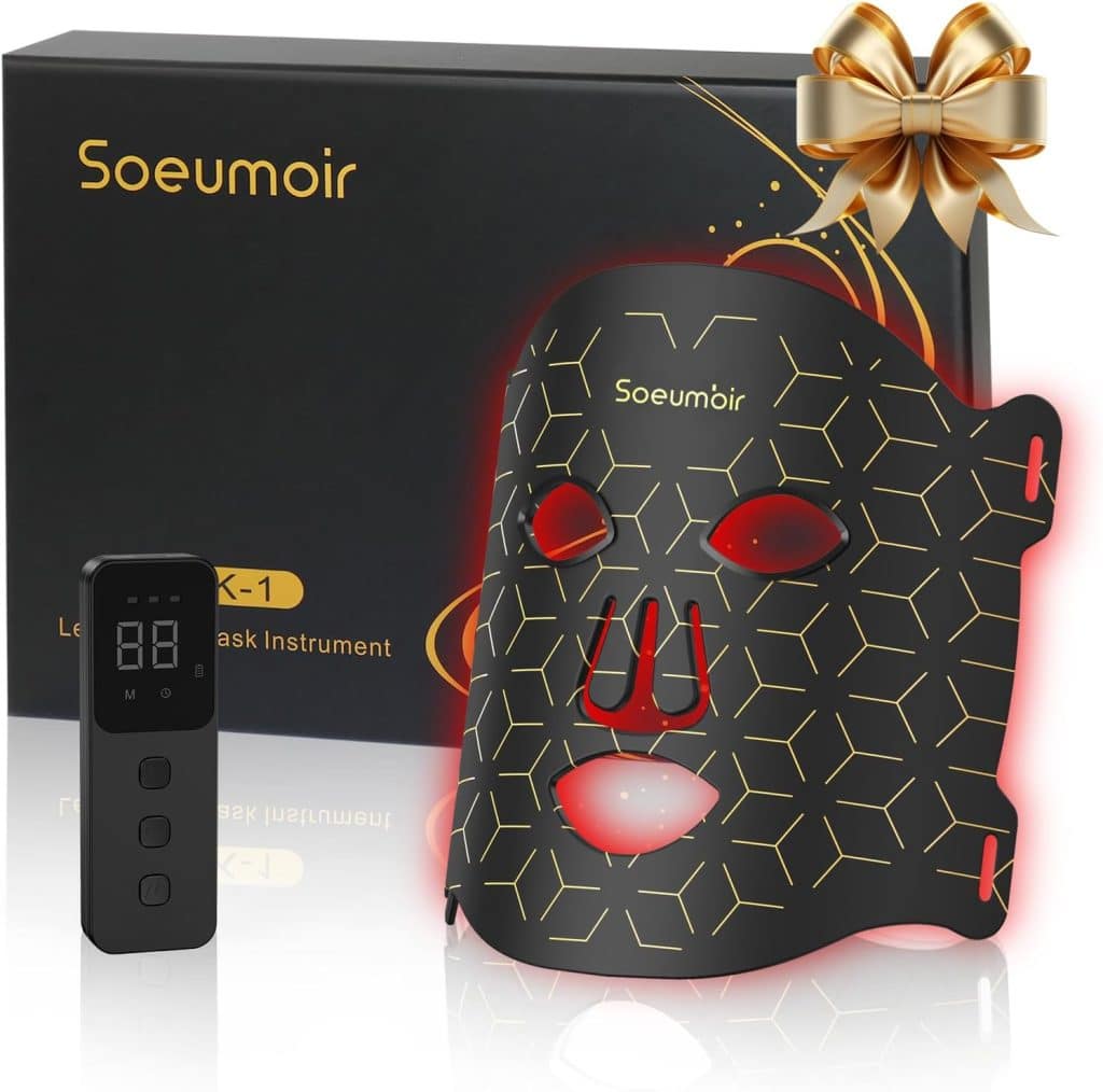 Red Light Therapy for Face, 7 Modes LED Face Mask Light Therapy w Rechargeable Remote, Near-Infrared Red Light Mask w Timing Function for Anti-Aging, Led Light Therapy at Home (Black)