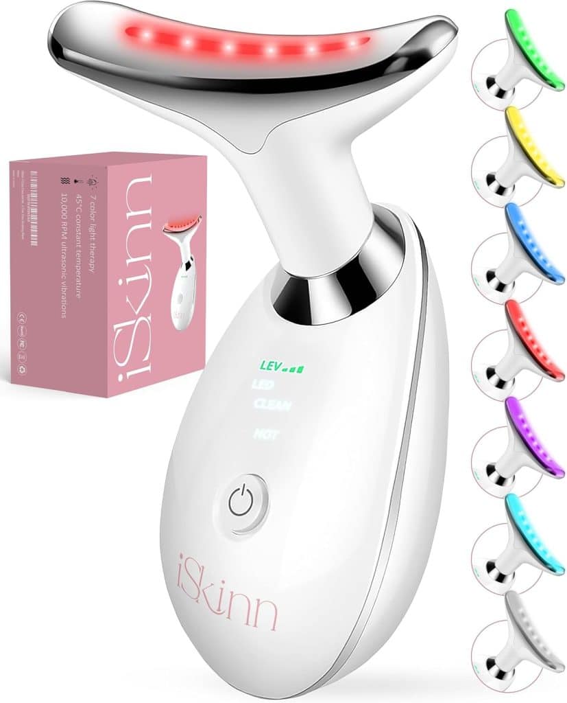 Face, Neck & Arm Massager  Red Light Therapy for Face & Lymphatic Drainage Tool with 7 Color LED, Soothing Heat, 10,000 Vibrations for Sculpting, Lifting & Turkey Neck Tightening Device