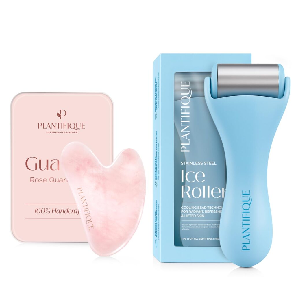PLANTIFIQUE Rose Quartz Gua Sha Tool  Anti-Aging Face Massager & Jawline Shaper for Skincare Routine  Facial Ice Roller - Puffiness Cryotherapy Skin Care Massage Tool