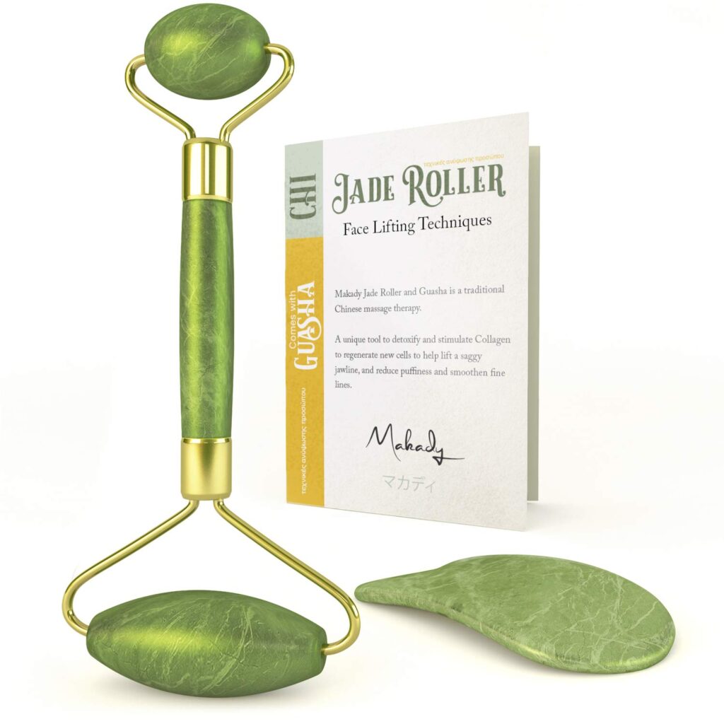 Makady Natural Jade Roller Gua Sha  Lymphatic Drainage Tool for Face, Neck, Body - Anti Aging Treatment  Reduces Wrinkles and Fine Lines