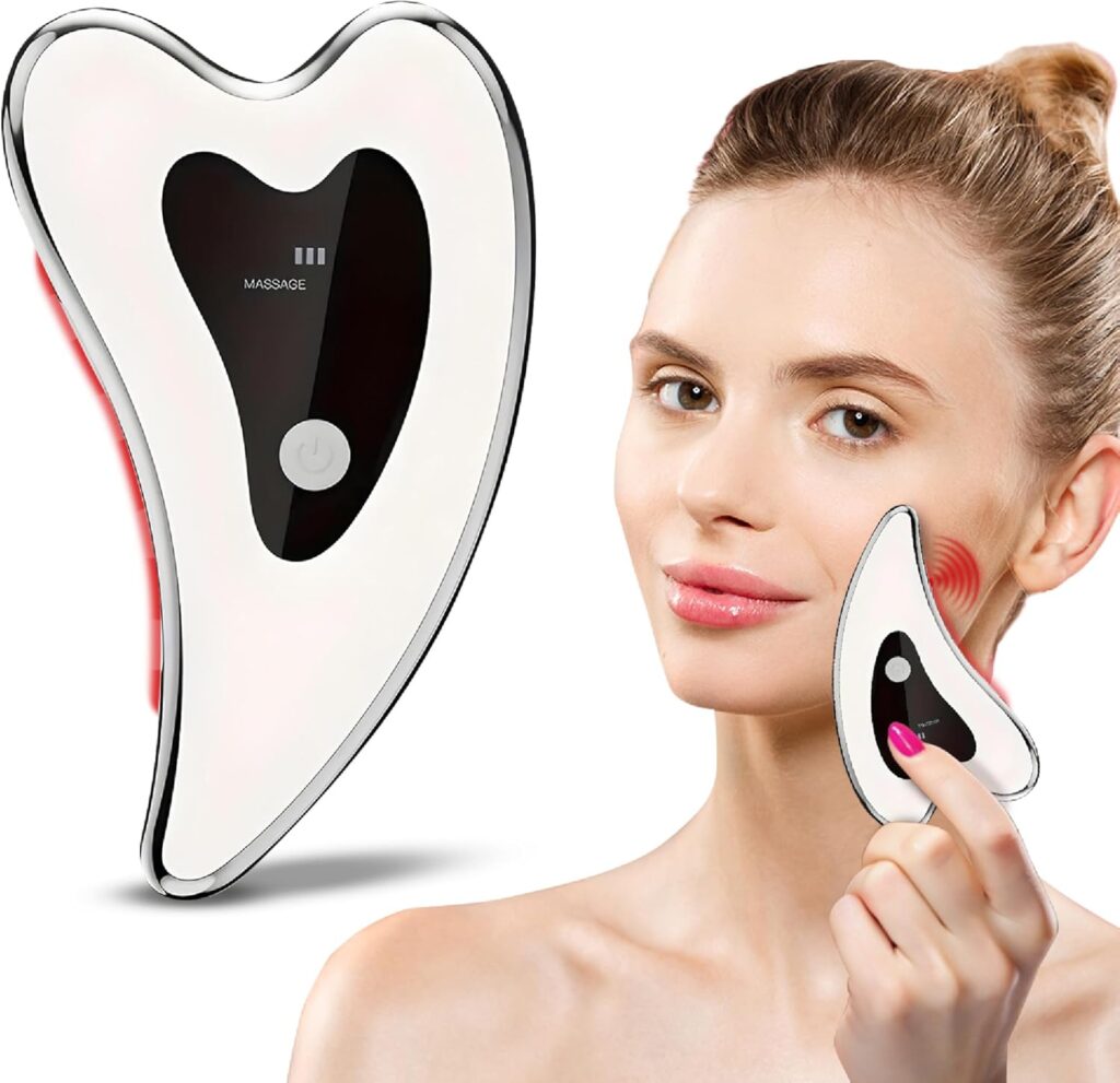 Facial Massager, 4-Mode Face Sculpting Tool with Heat, Red Light and Blue Light Therapy, Stainless Stee Electric Gua Sha for Lymphatic Drainage, Silver