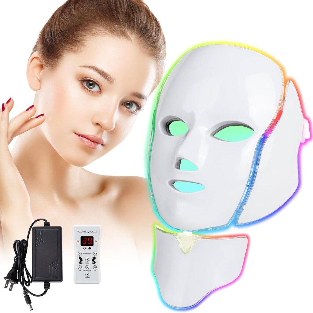 LED Face  Light , 7 Colors Red Light  for Face and Neck, Facial Skin Care Beauty  at Home Salon for Women Gift Idea (White)