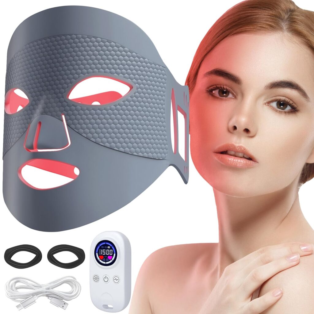Red Light Therapy for Face, Silicone Soft LED Face Mask Light Therapy with Remote, 660nm & 850nm Red Light Mask with Timing Function, Reduced Wrinkles, Anti-Aging, at Home (Grey)